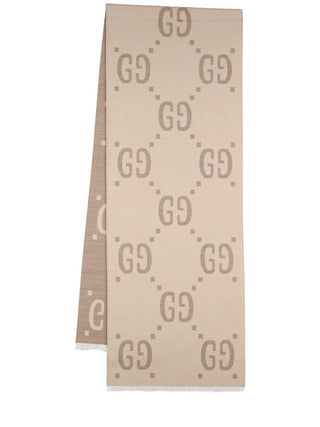 Sciarpa GUCCI in lana e seta Jacquard con motivo GG in Avorio e Beige - Moda & Modi Luxury